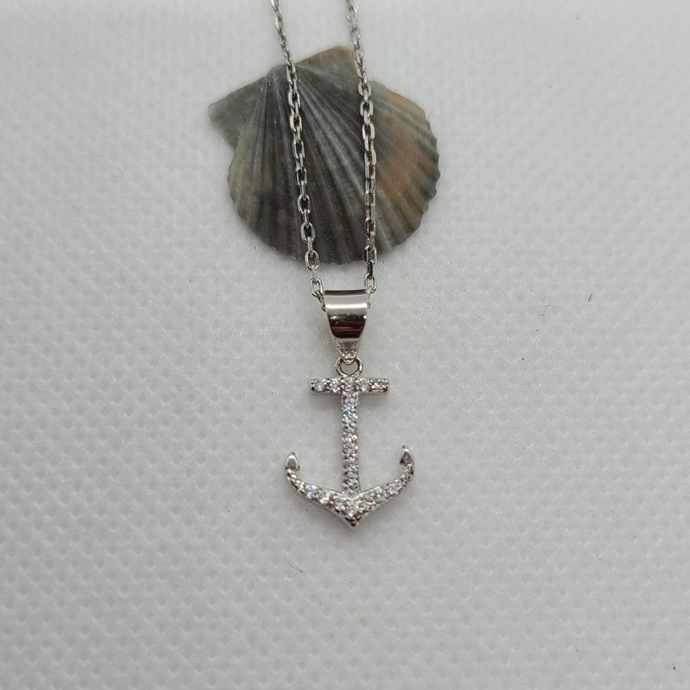 Sterling Silver & CZ Anchor Necklace, Nisha Design, 18 Inches